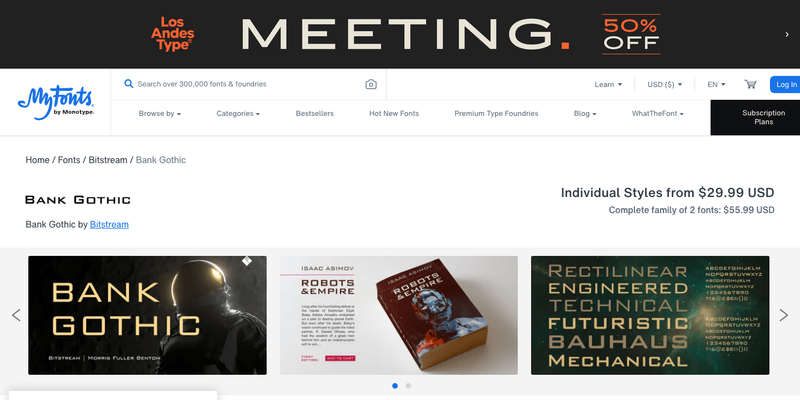 Bank Gothic font specimen from official website