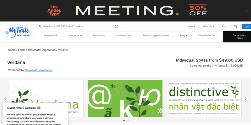 Verdana font specimen from official website